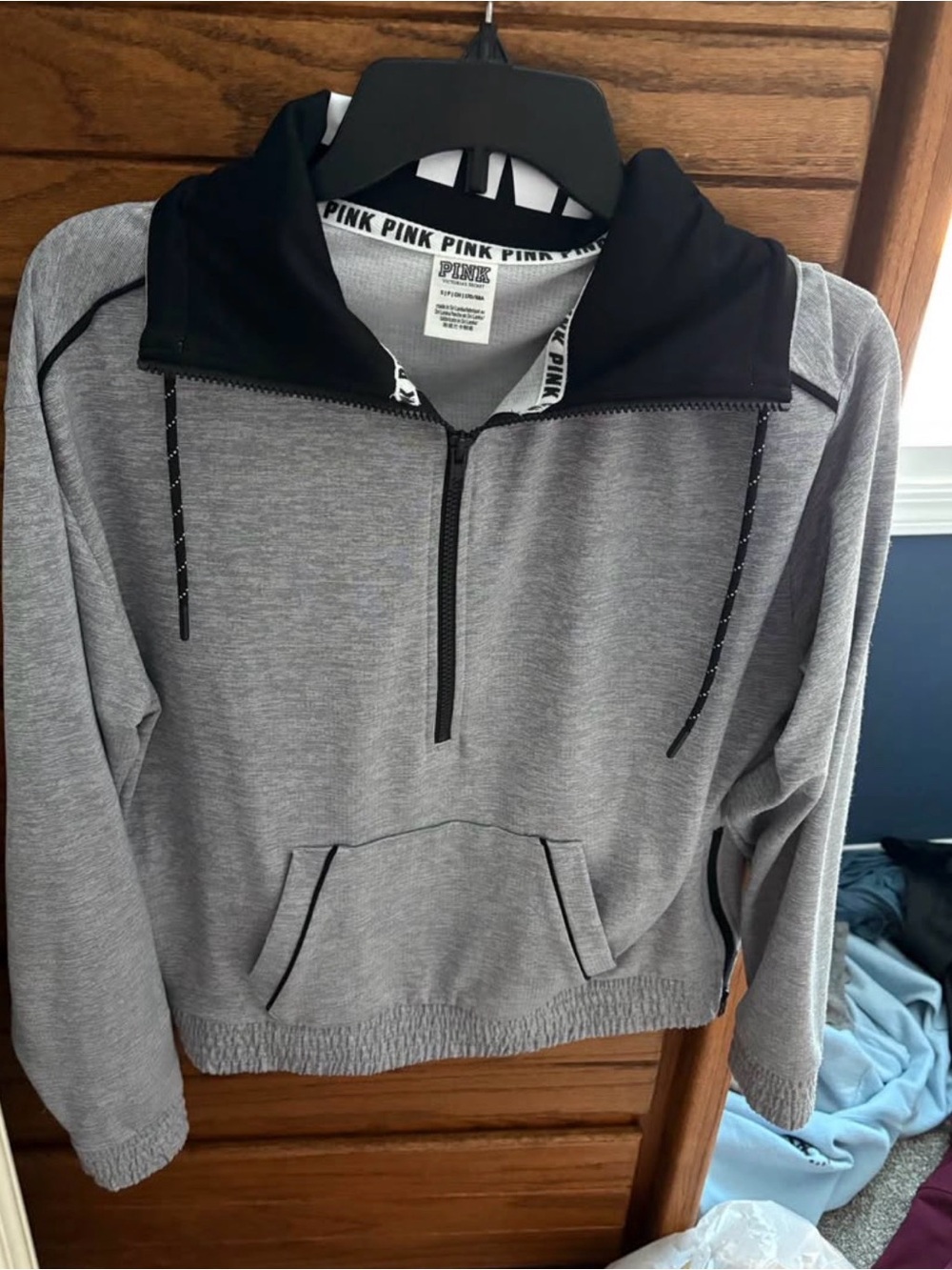 PINK Victoria's Secret Gray Half-Zip Sweater with Black Hood